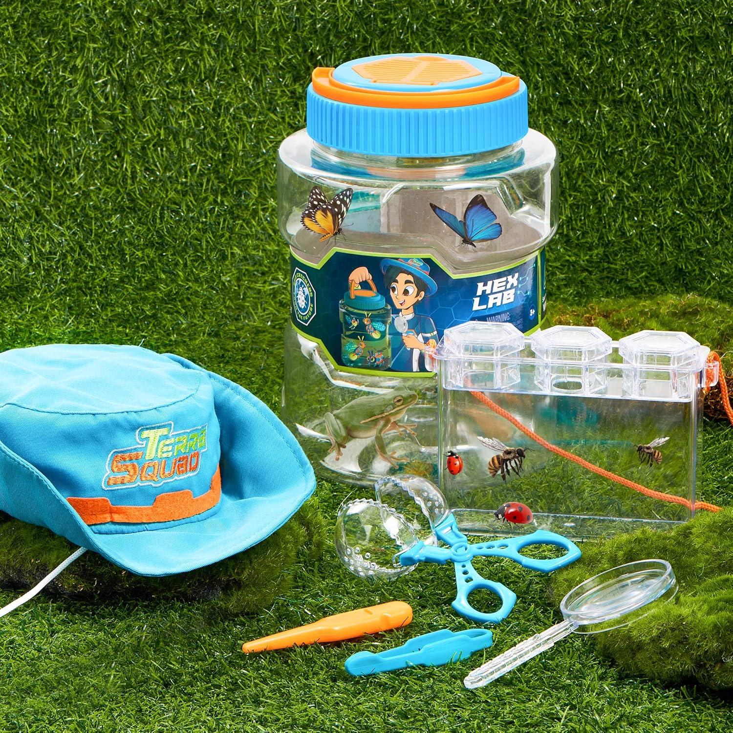 imagePlayAct Bug Catcher Nature Exploration Set Includes Habitat Bucket Critter Box Activity Booklet Butterfly Net Magnifier Tweezer Pipette Bug Tong and Exploration Hat Bug Catching Kids 3