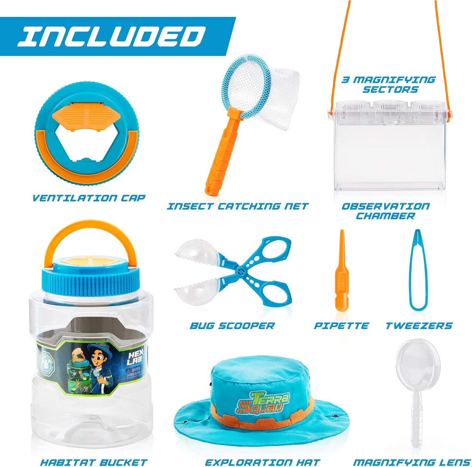 imagePlayAct Bug Catcher Nature Exploration Set Includes Habitat Bucket Critter Box Activity Booklet Butterfly Net Magnifier Tweezer Pipette Bug Tong and Exploration Hat Bug Catching Kids 3