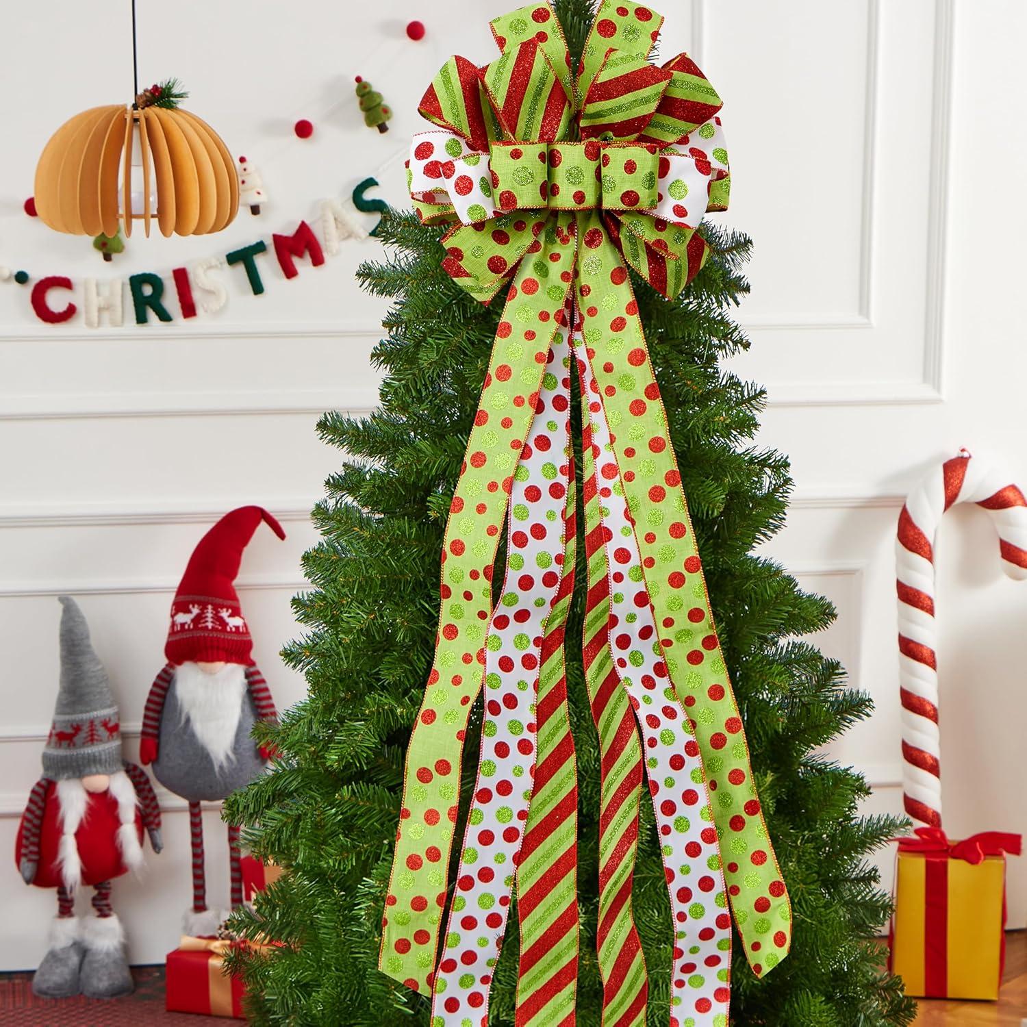imageJOIEDOMI 45 Inch Christmas Tree Topper Wreath Bow Red amp Green Polka Dot Designed Bow Xmas Ornament for Tree Gift Party Holiday Indoor DecorationsGreen