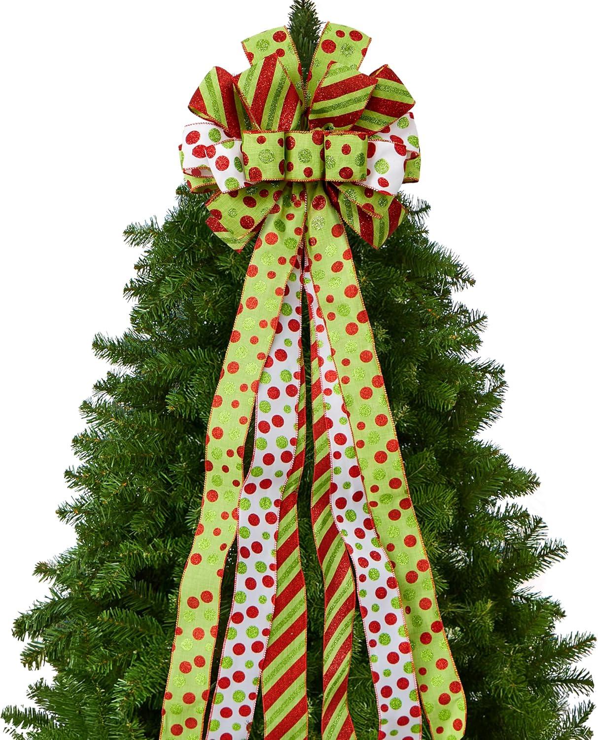 imageJOIEDOMI 45 Inch Christmas Tree Topper Wreath Bow Red amp Green Polka Dot Designed Bow Xmas Ornament for Tree Gift Party Holiday Indoor DecorationsGreen