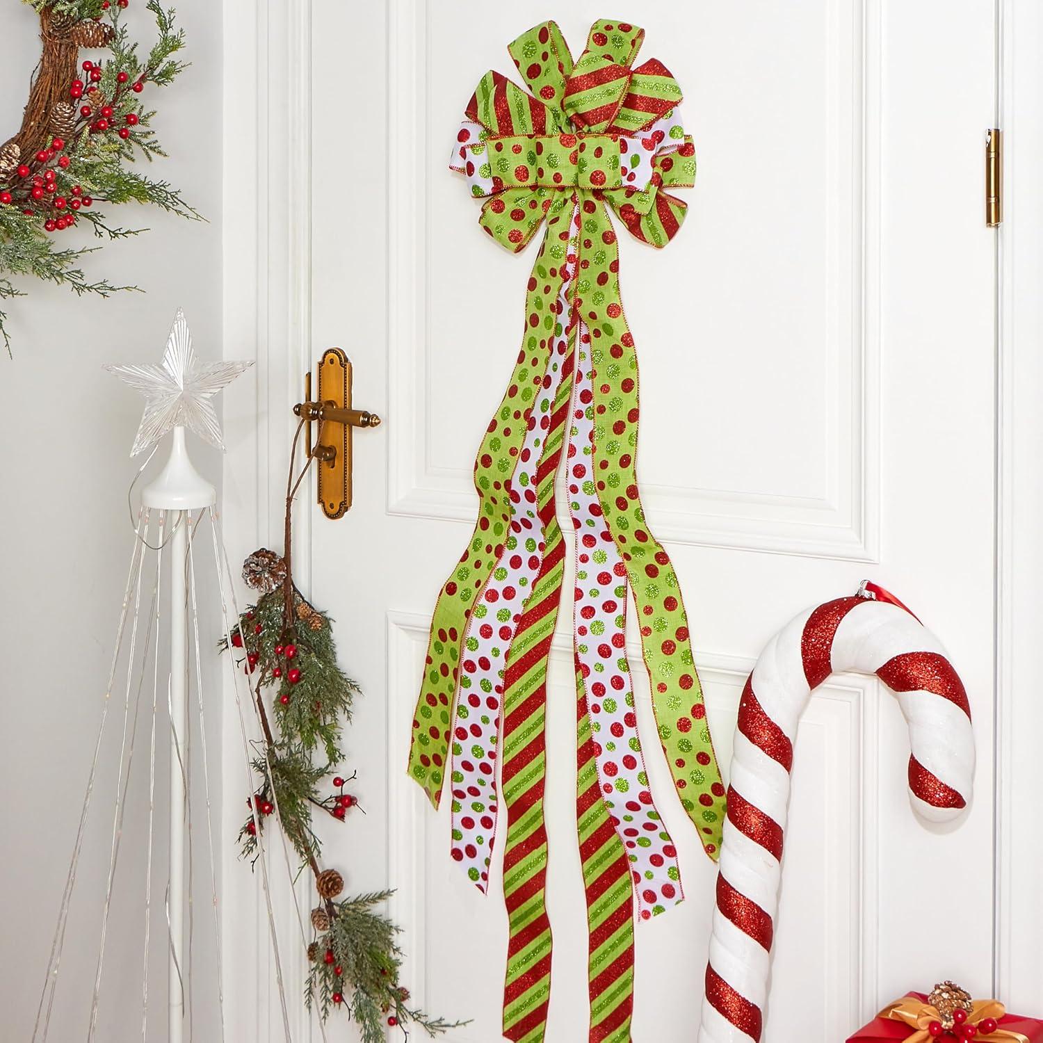 imageJOIEDOMI 45 Inch Christmas Tree Topper Wreath Bow Red amp Green Polka Dot Designed Bow Xmas Ornament for Tree Gift Party Holiday Indoor DecorationsGreen