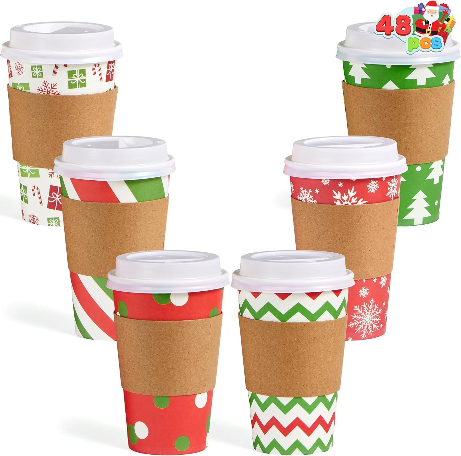 imageJOYIN 48 Pcs 16 oz Christmas Disposable Cups with Sleeves and Lids 6 Designs Xmas Drinking Paper Cup For Hot Chocolate Coffee Cold Beverage Holiday Tableware Winter Party Supplies FavorsVintage
