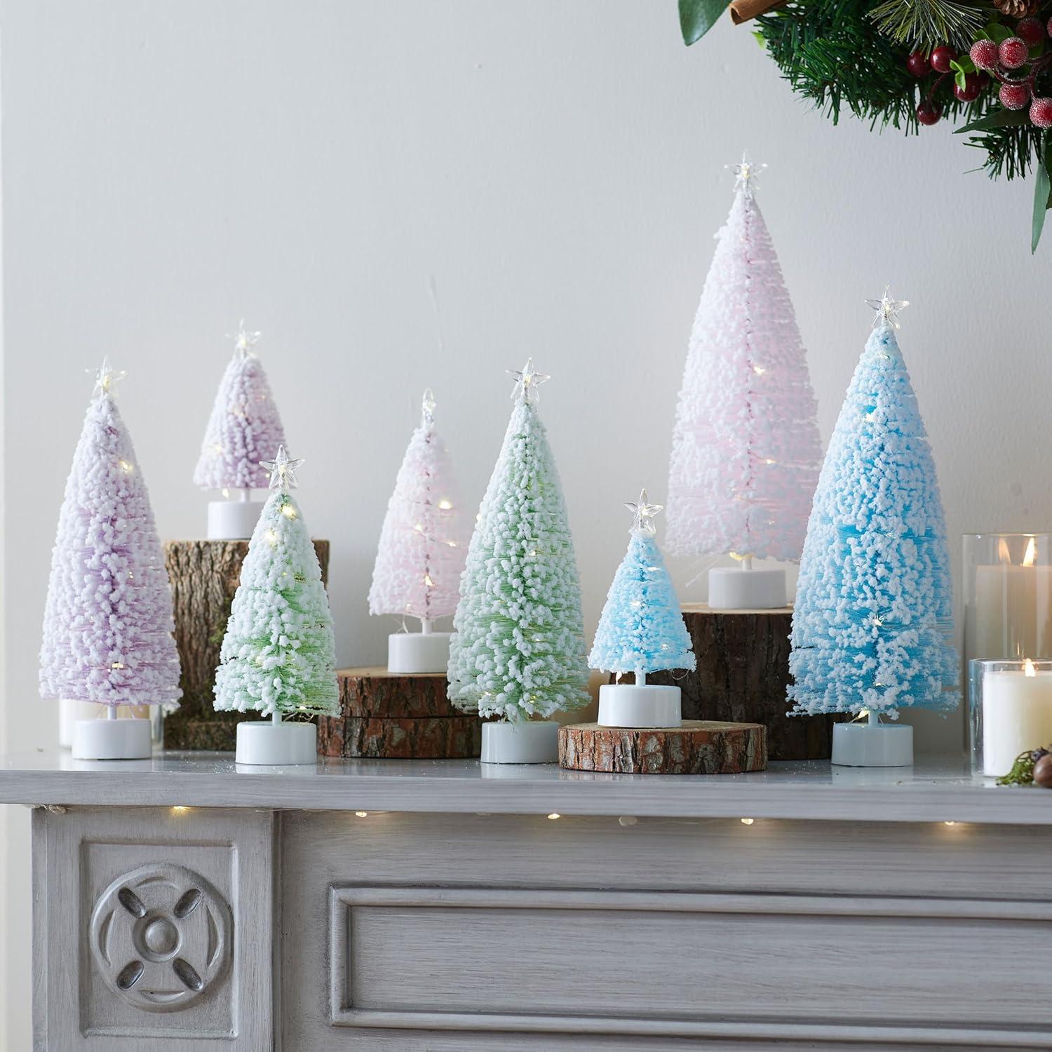 imageJOYIN 8 Pcs Small Xmas Trees with LED Lights Flocked Miniature Christmas Tree in 4 Sizes Mini Tabletop Artificial Pine Tree with Snow with Star Topper for Indoor Decor Holiday Festive Gifts Pastel