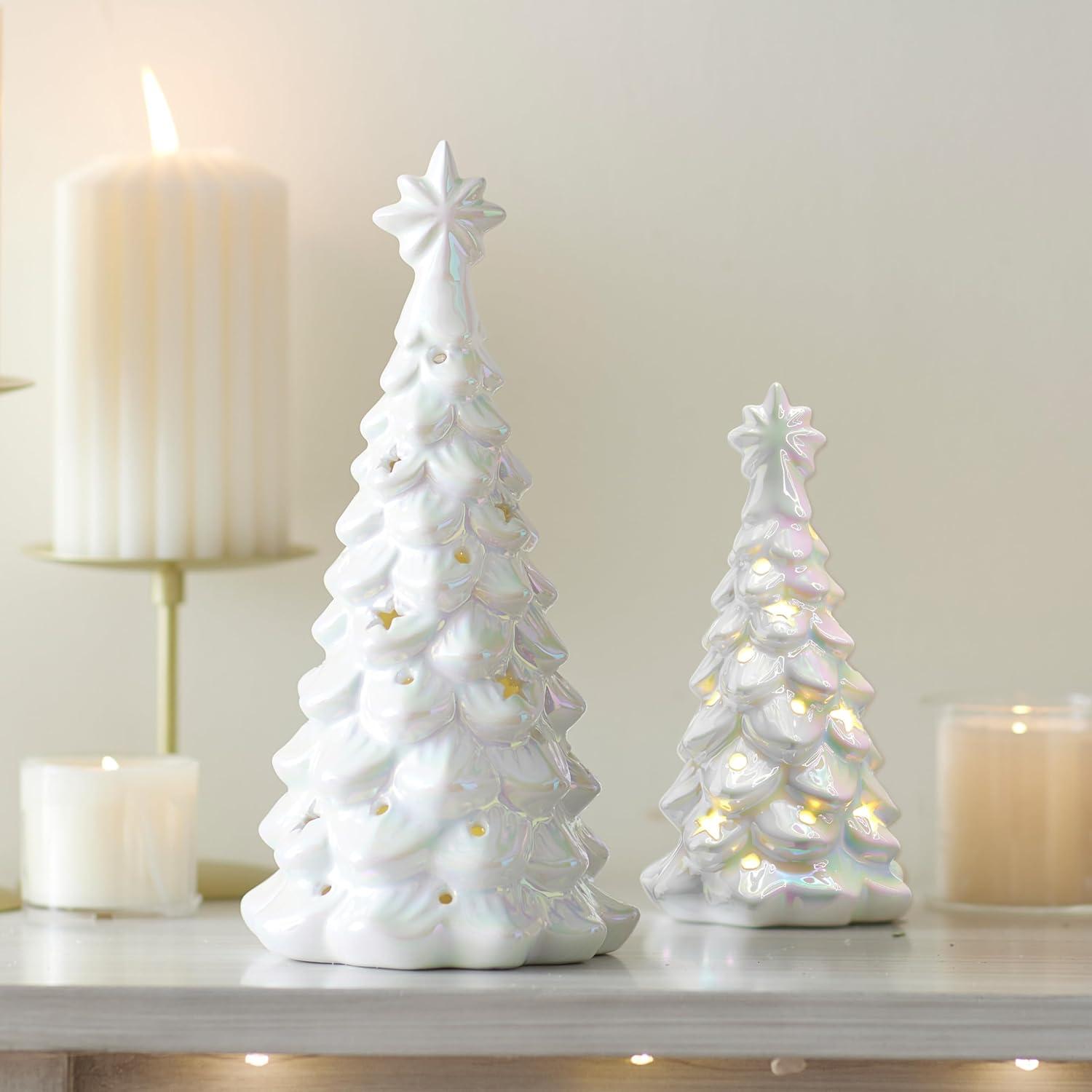 imageJOYIN 2 Pcs Laser Coated Christmas Ceramic Trees Lightup Tabletop Xmas Decoration with Iridescent Coating Christmas Porcelain Tree Lights Xmas Holiday Indoor Home Office Table Decor 86in61in
