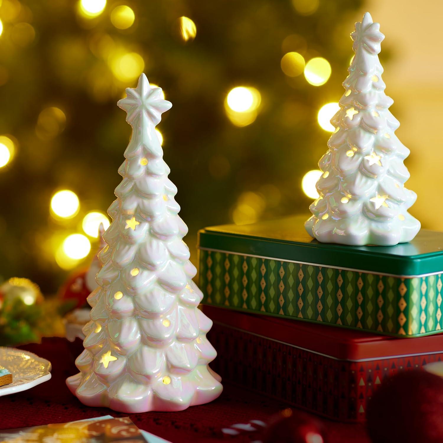 imageJOYIN 2 Pcs Laser Coated Christmas Ceramic Trees Lightup Tabletop Xmas Decoration with Iridescent Coating Christmas Porcelain Tree Lights Xmas Holiday Indoor Home Office Table Decor 86in61in