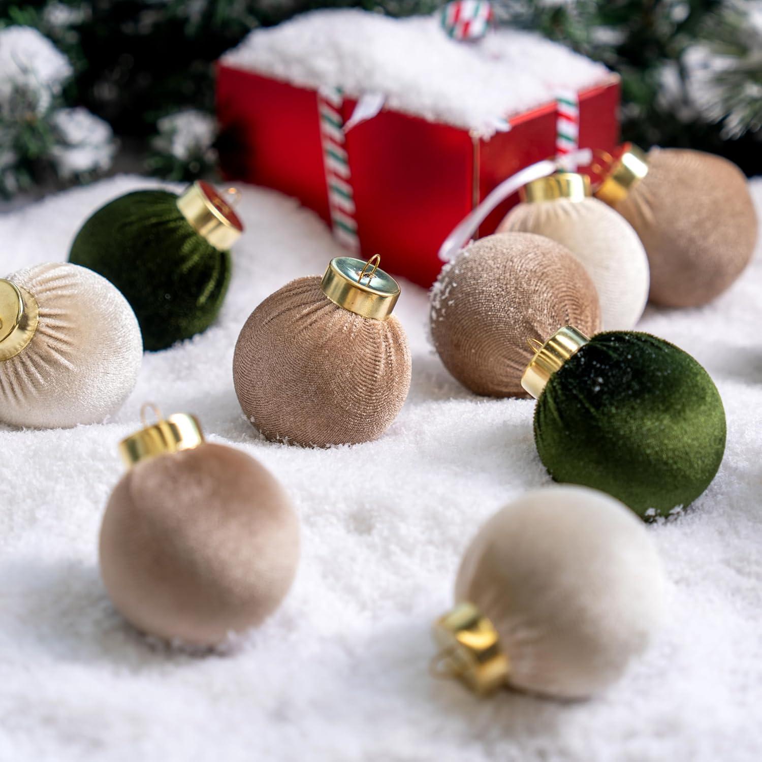 imageJOYIN 15 Pcs Christmas Velvet Ball Ornaments Set 236 Green Brown Neutral Tree Hanging Christmas Decorations Xmas Shatterproof Indoor Decor for Tree Wreath Holidays Wedding Party