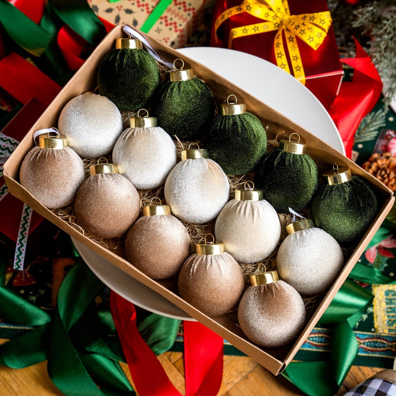 imageJOYIN 15 Pcs Christmas Velvet Ball Ornaments Set 236 Green Brown Neutral Tree Hanging Christmas Decorations Xmas Shatterproof Indoor Decor for Tree Wreath Holidays Wedding Party