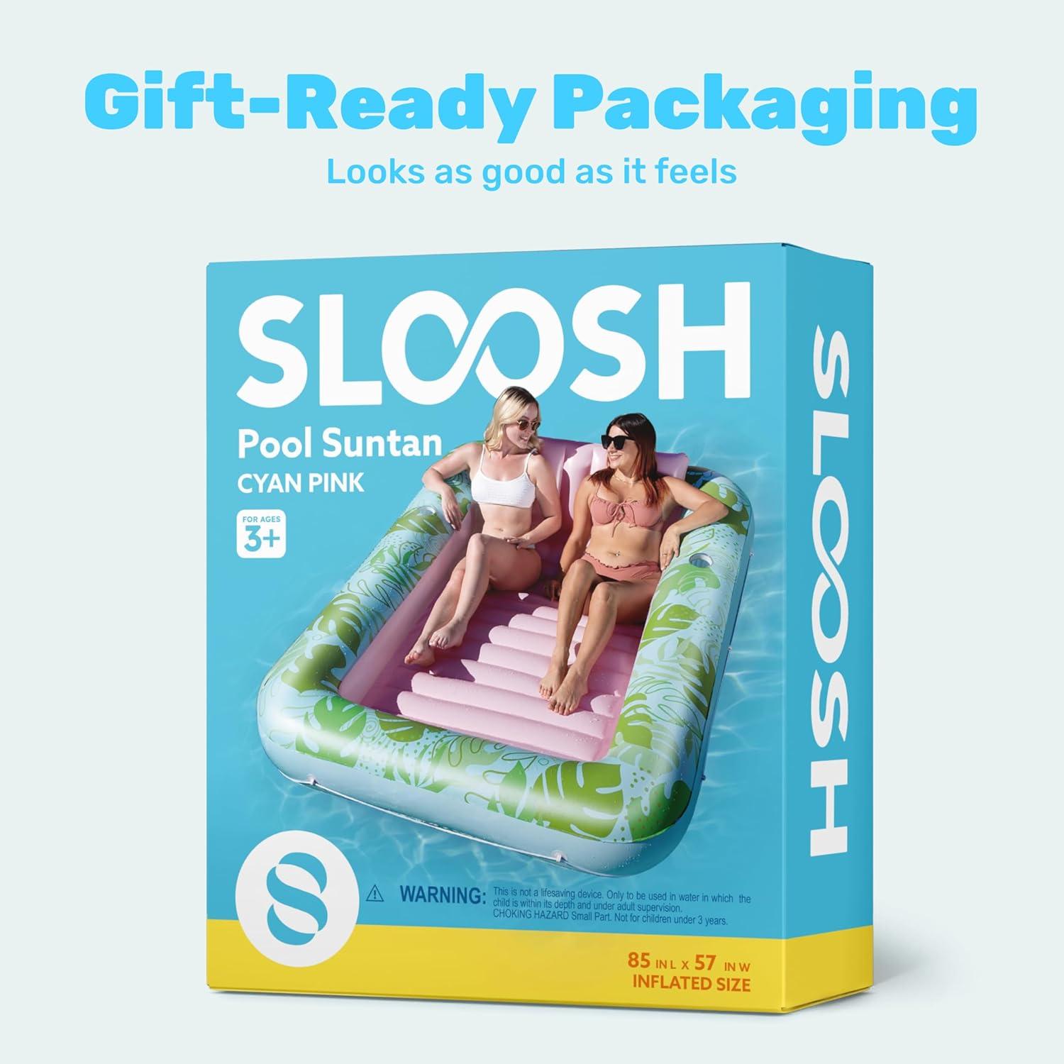 imageSLOOSH Inflatable Tanning Pool Lounger Float 85 x 57 Extra Large Pool Floats Adult with Pillow 4 in 1 Suntan Tub Raft FloatieSunbathing Bed Lounge for Water Blow Up Ball Pit XLGolden WhiteCyan Pink