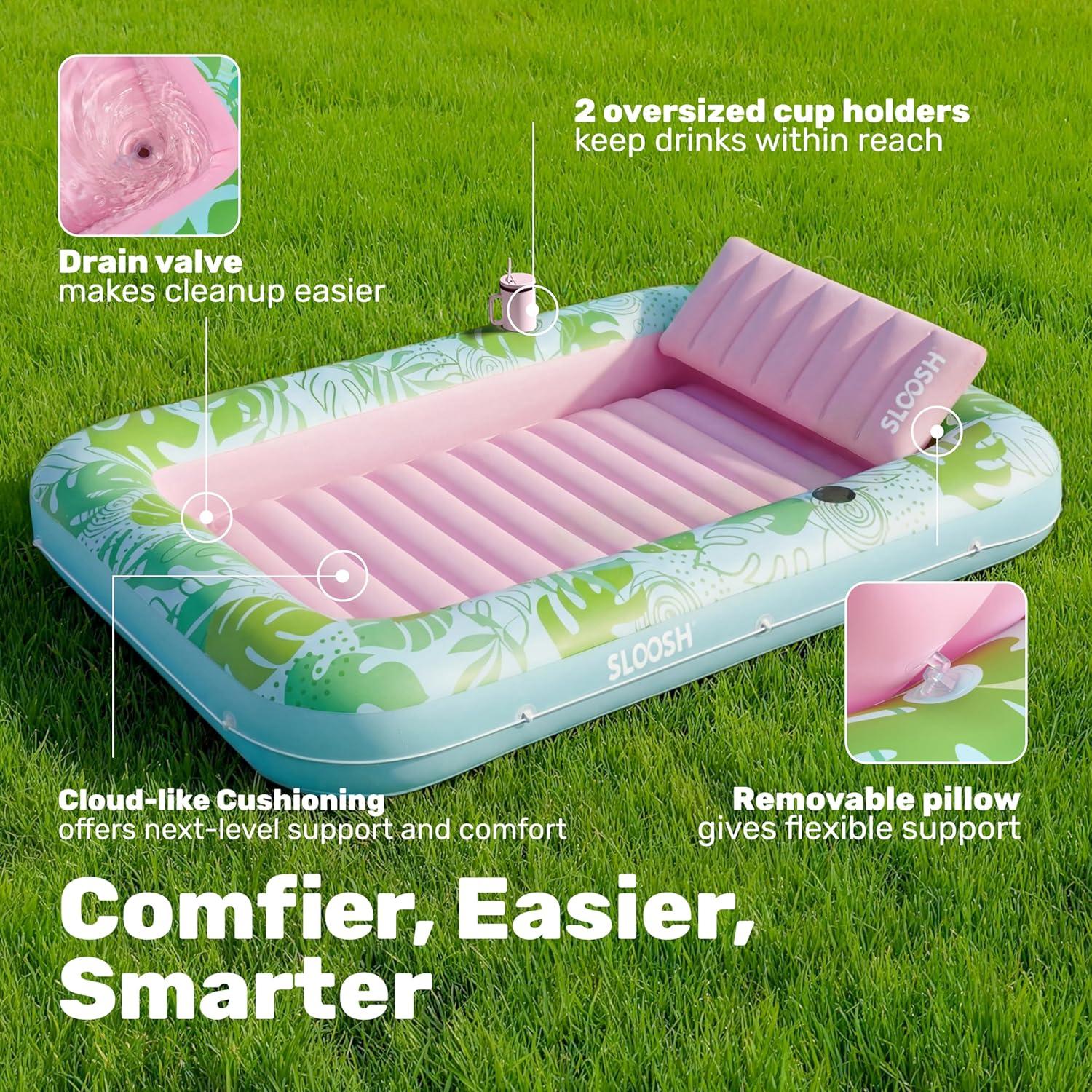 imageSLOOSH Inflatable Tanning Pool Lounger Float 85 x 57 Extra Large Pool Floats Adult with Pillow 4 in 1 Suntan Tub Raft FloatieSunbathing Bed Lounge for Water Blow Up Ball Pit XLGolden WhiteCyan Pink