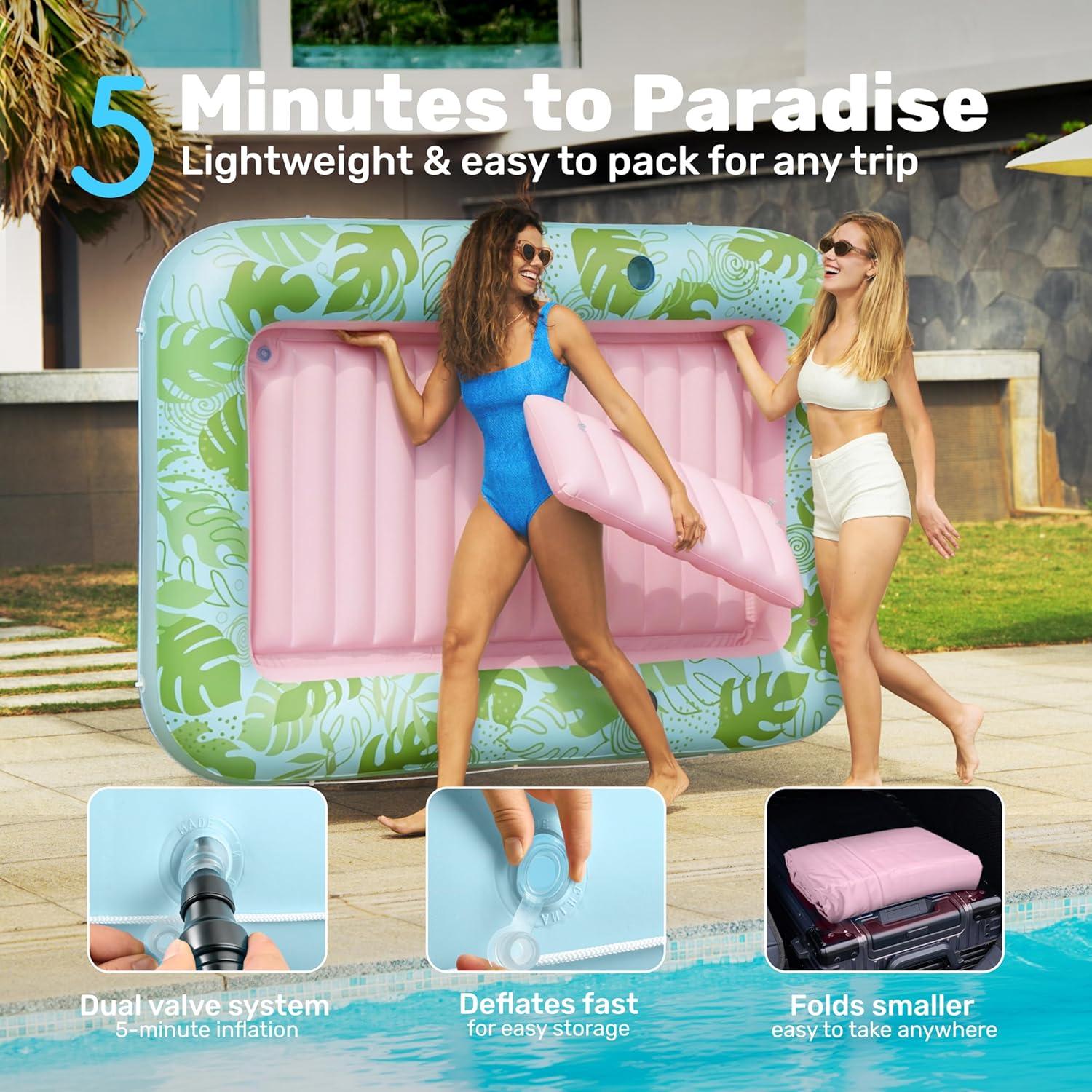 imageSLOOSH Inflatable Tanning Pool Lounger Float 85 x 57 Extra Large Pool Floats Adult with Pillow 4 in 1 Suntan Tub Raft FloatieSunbathing Bed Lounge for Water Blow Up Ball Pit XLGolden WhiteCyan Pink