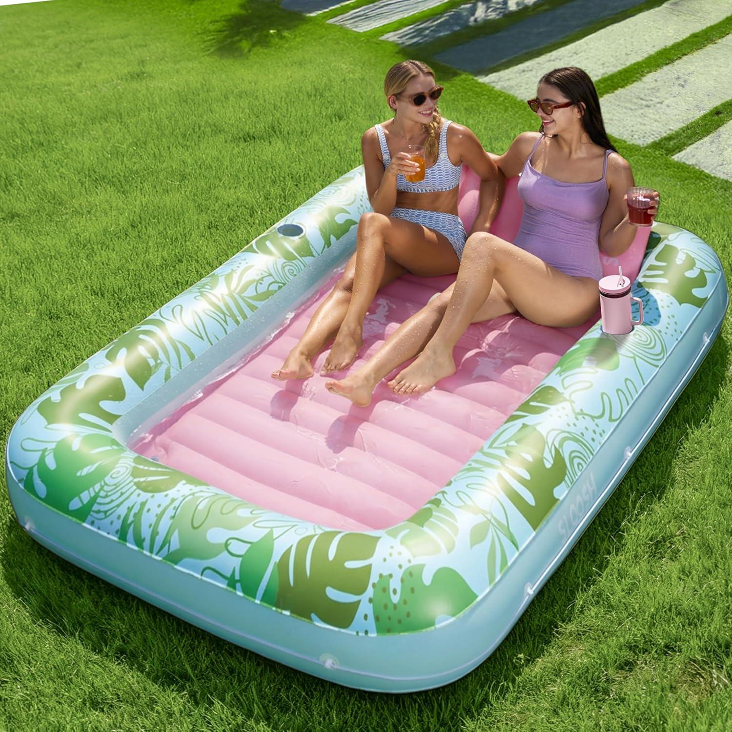 imageSLOOSH Inflatable Tanning Pool Lounger Float 85 x 57 Extra Large Pool Floats Adult with Pillow 4 in 1 Suntan Tub Raft FloatieSunbathing Bed Lounge for Water Blow Up Ball Pit XLGolden WhiteCyan Pink