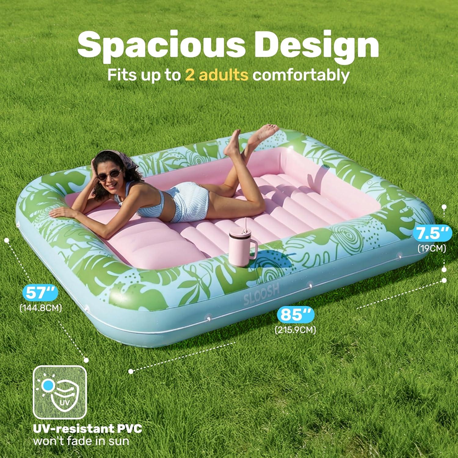 imageSLOOSH Inflatable Tanning Pool Lounger Float 85 x 57 Extra Large Pool Floats Adult with Pillow 4 in 1 Suntan Tub Raft FloatieSunbathing Bed Lounge for Water Blow Up Ball Pit XLGolden WhiteCyan Pink