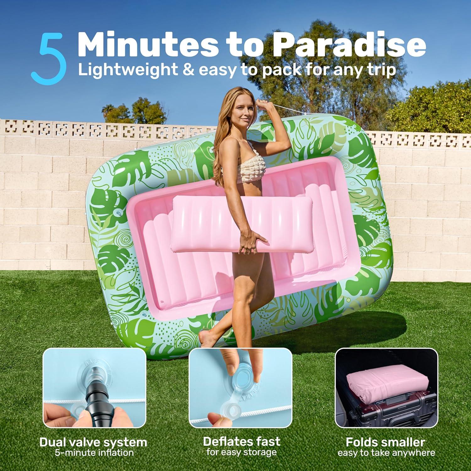 imageSLOOSH Inflatable Tanning Pool Lounger Float 85 x 57 Extra Large Pool Floats Adult with Pillow 4 in 1 Suntan Tub Raft FloatieSunbathing Bed Lounge for Water Blow Up Ball Pit XLGolden WhiteCyan Pink