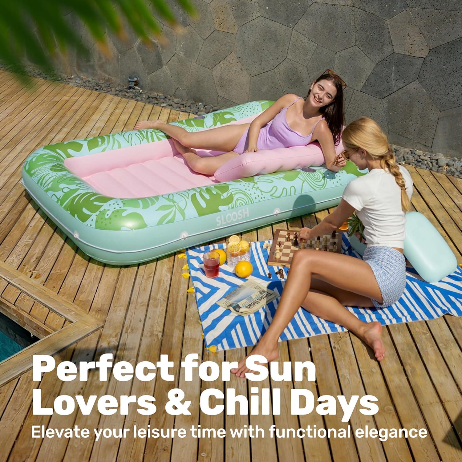 imageSLOOSH Inflatable Tanning Pool Lounger Float 85 x 57 Extra Large Pool Floats Adult with Pillow 4 in 1 Suntan Tub Raft FloatieSunbathing Bed Lounge for Water Blow Up Ball Pit XLGolden WhiteCyan Pink