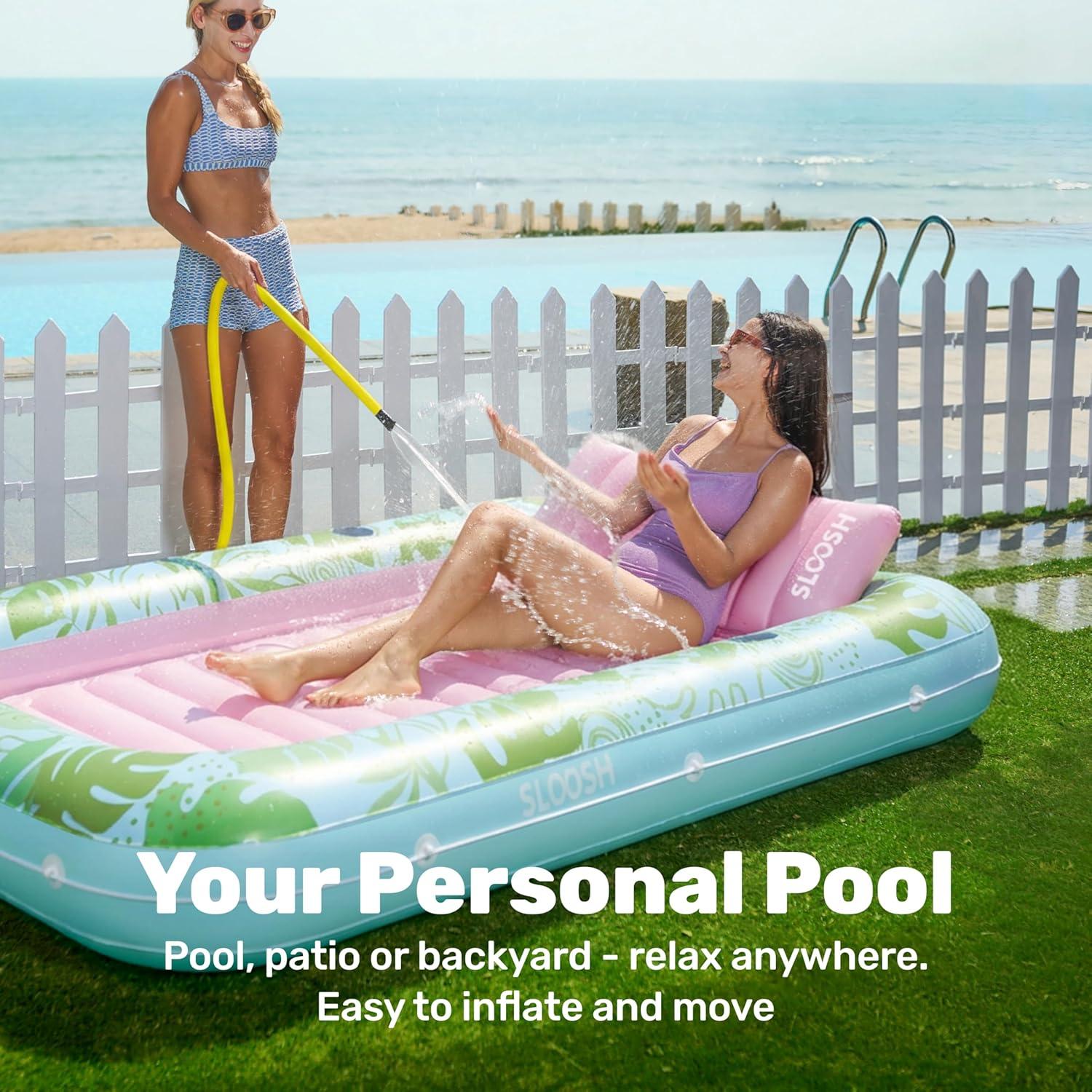 imageSLOOSH Inflatable Tanning Pool Lounger Float 85 x 57 Extra Large Pool Floats Adult with Pillow 4 in 1 Suntan Tub Raft FloatieSunbathing Bed Lounge for Water Blow Up Ball Pit XLGolden WhiteCyan Pink