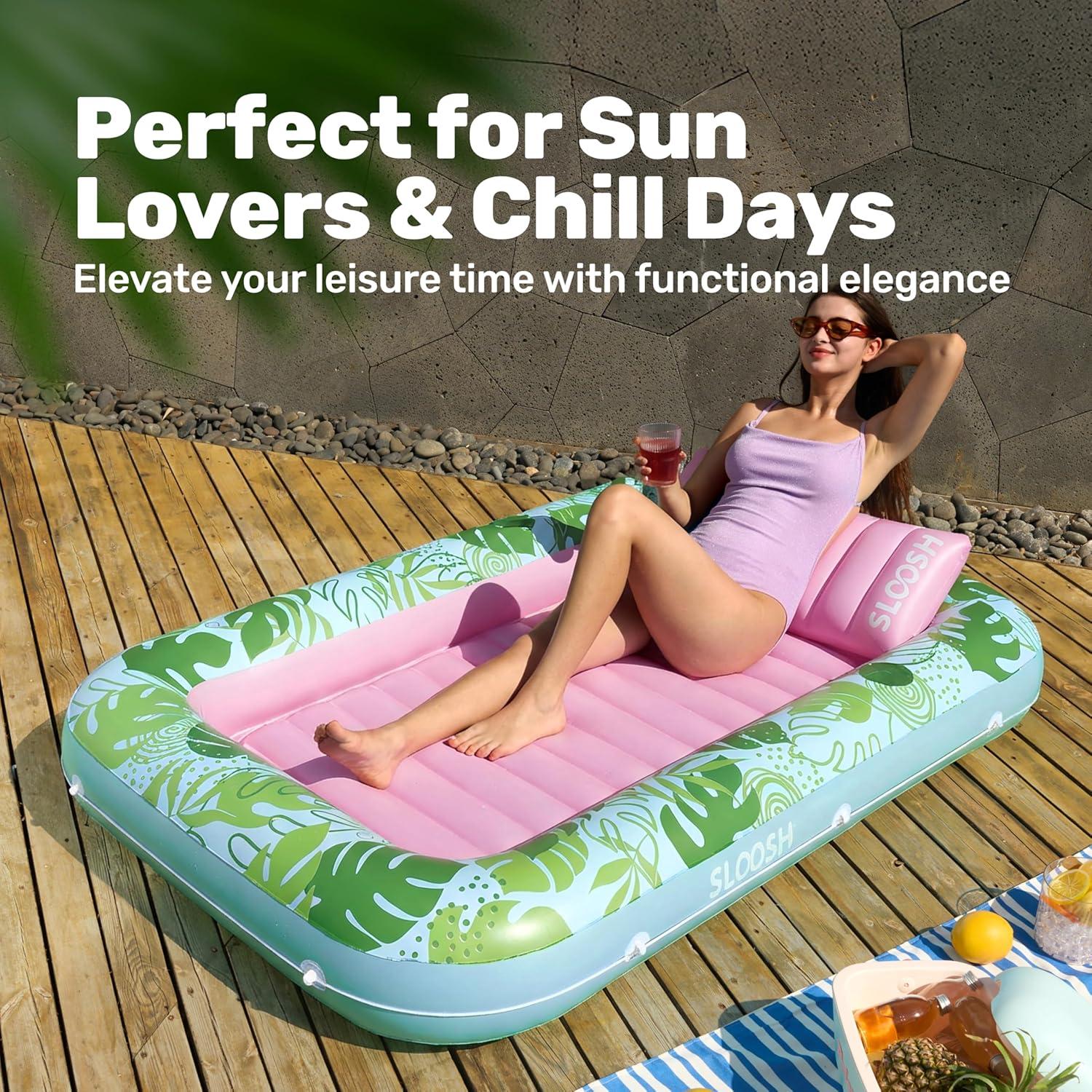 imageSLOOSH Inflatable Tanning Pool Lounger Float 85 x 57 Extra Large Pool Floats Adult with Pillow 4 in 1 Suntan Tub Raft FloatieSunbathing Bed Lounge for Water Blow Up Ball Pit XLGolden WhiteCyan Pink