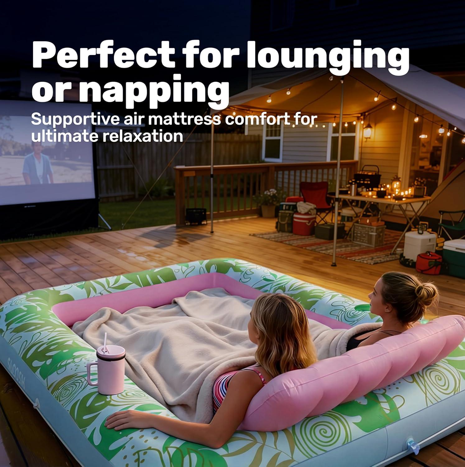 imageSLOOSH Inflatable Tanning Pool Lounger Float 85 x 57 Extra Large Pool Floats Adult with Pillow 4 in 1 Suntan Tub Raft FloatieSunbathing Bed Lounge for Water Blow Up Ball Pit XLGolden WhiteCyan Pink