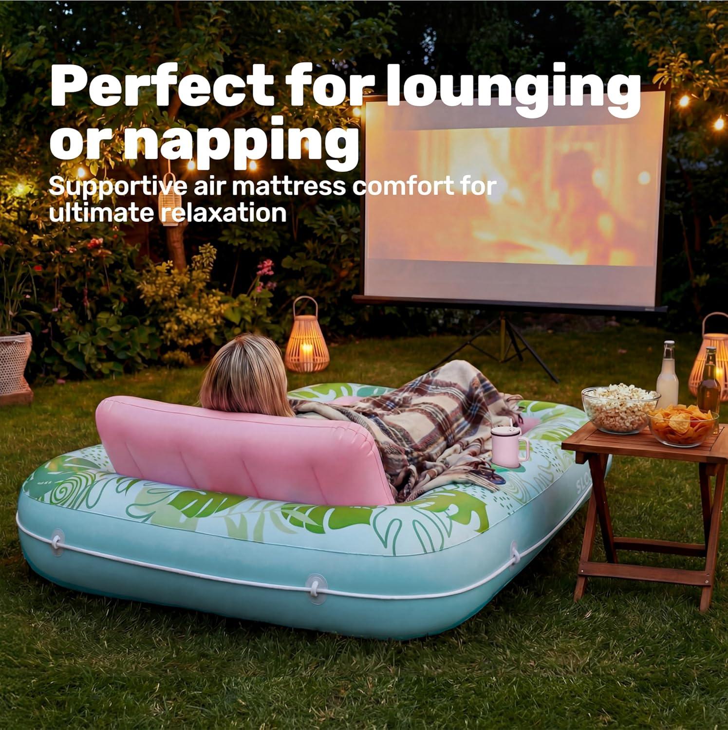 imageSLOOSH Inflatable Tanning Pool Lounger Float 85 x 57 Extra Large Pool Floats Adult with Pillow 4 in 1 Suntan Tub Raft FloatieSunbathing Bed Lounge for Water Blow Up Ball Pit XLGolden WhiteCyan Pink
