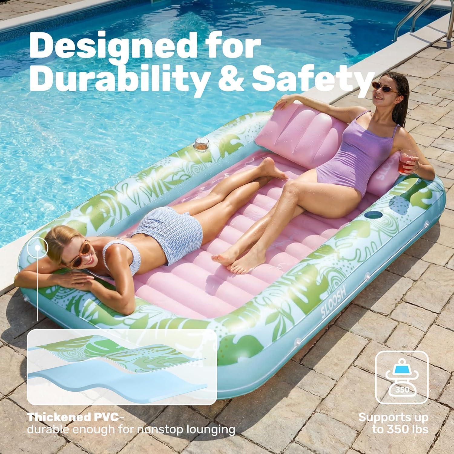 imageSLOOSH Inflatable Tanning Pool Lounger Float 85 x 57 Extra Large Pool Floats Adult with Pillow 4 in 1 Suntan Tub Raft FloatieSunbathing Bed Lounge for Water Blow Up Ball Pit XLGolden WhiteCyan Pink