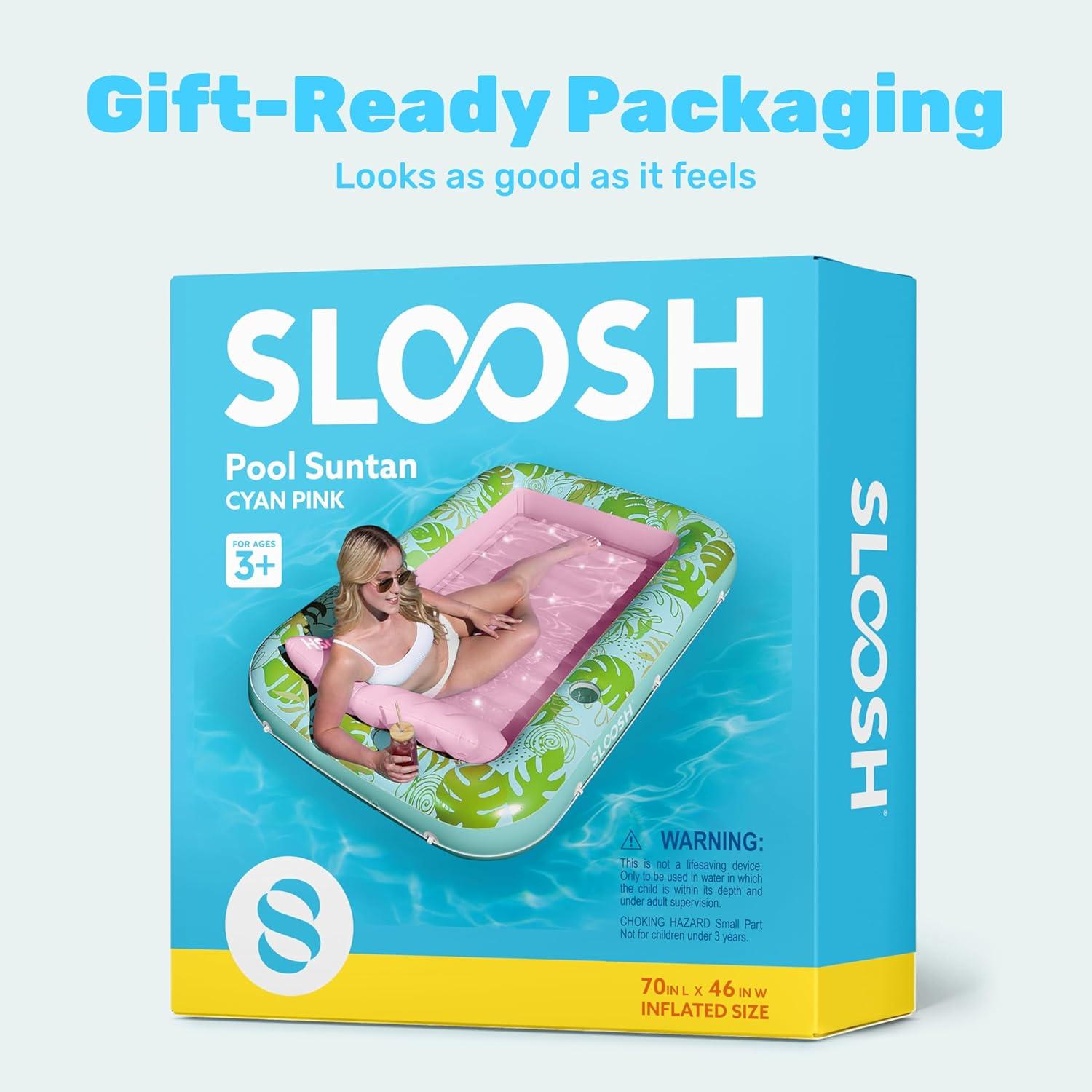 imageSLOOSH Inflatable Tanning Pool Lounger Float 85 x 57 Extra Large Pool Floats Adult with Pillow 4 in 1 Suntan Tub Raft FloatieSunbathing Bed Lounge for Water Blow Up Ball Pit XLGolden WhiteCyan Pink